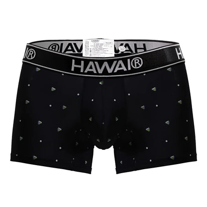 Black Hawai 42570 microfiber boxer briefs in black with a silver logo band and metallic triangle and dot patterns