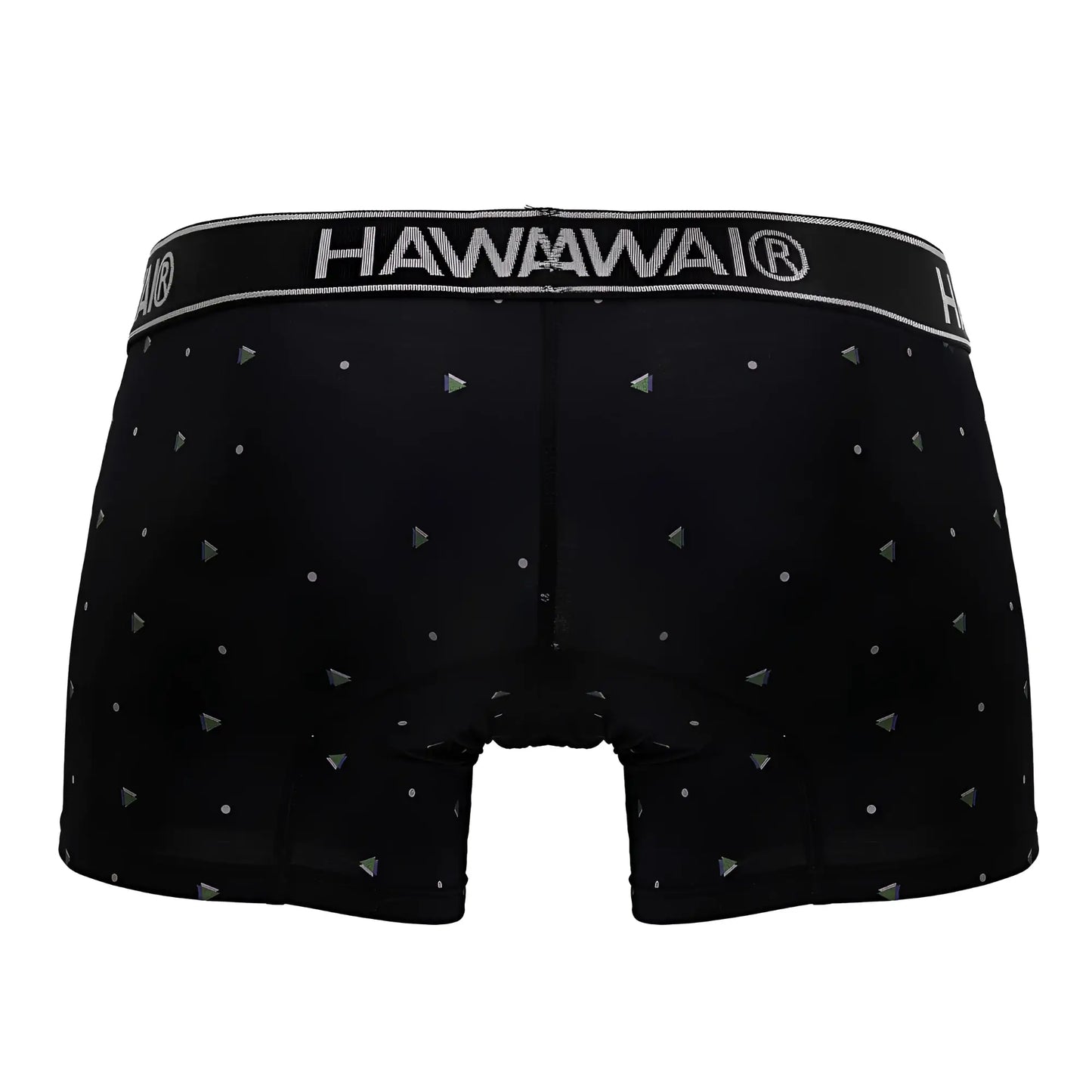 Black hawaii boxer briefs microfiber trunks in black with a silver triangular and dot pattern on the fabric