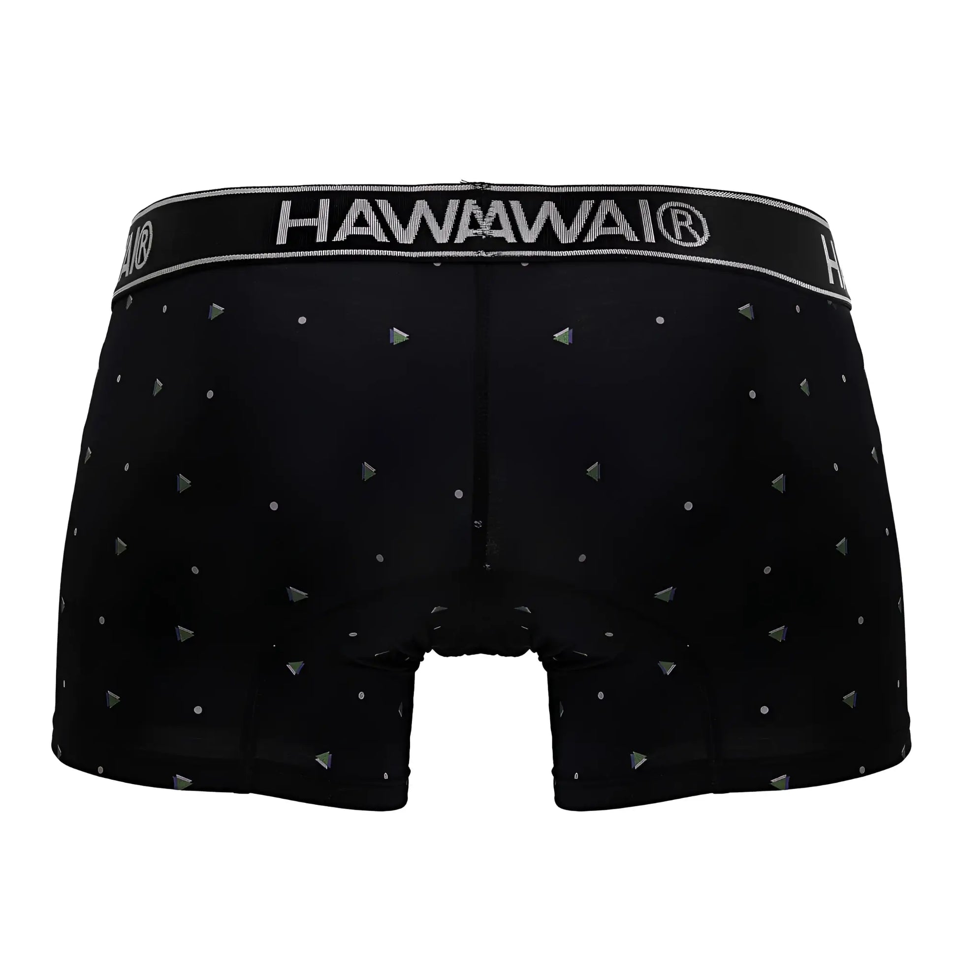 Black hawaii boxer briefs microfiber trunks in black with a silver triangular and dot pattern on the fabric
