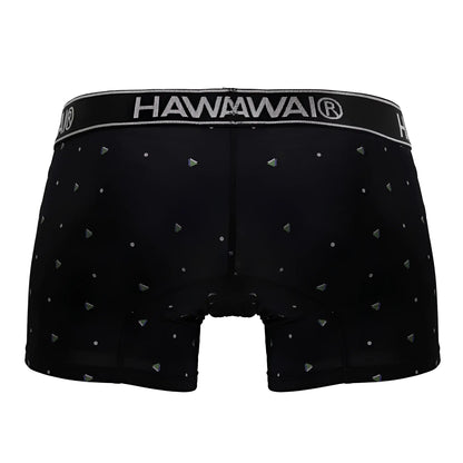 Black hawaii boxer briefs microfiber trunks in black with a silver triangular and dot pattern on the fabric