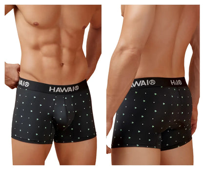 Black hawaiian microfiber boxer briefs in black with a subtle white triangle and dot pattern and logo waistband
