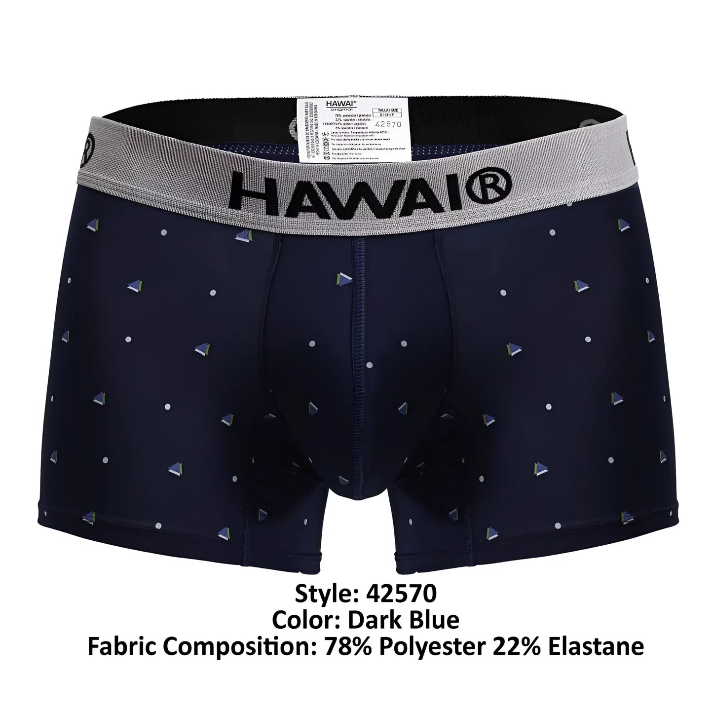 Dark blue hawaii 42570 microfiber boxer briefs with gray waistband logo and small triangular patterns on fabric