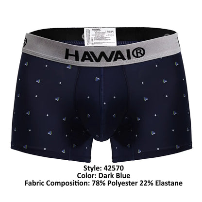 Dark blue hawaii 42570 microfiber boxer briefs with gray waistband logo and small triangular patterns on fabric