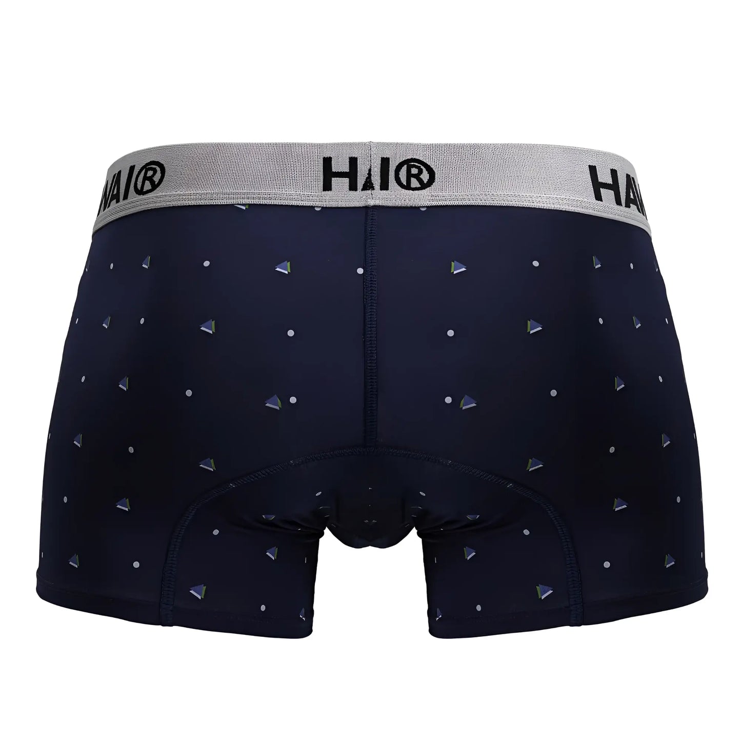 Dark navy microfiber boxer briefs with silver triangle pattern and gray hai® branded waistband hawai 42570 trunks