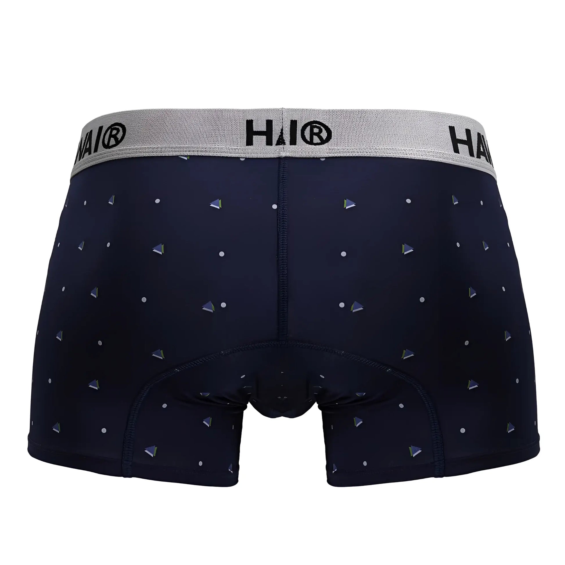 Dark navy microfiber boxer briefs with silver triangle pattern and gray hai® branded waistband hawai 42570 trunks