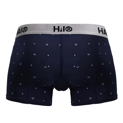 Dark navy microfiber boxer briefs with silver triangle pattern and gray hai® branded waistband hawai 42570 trunks