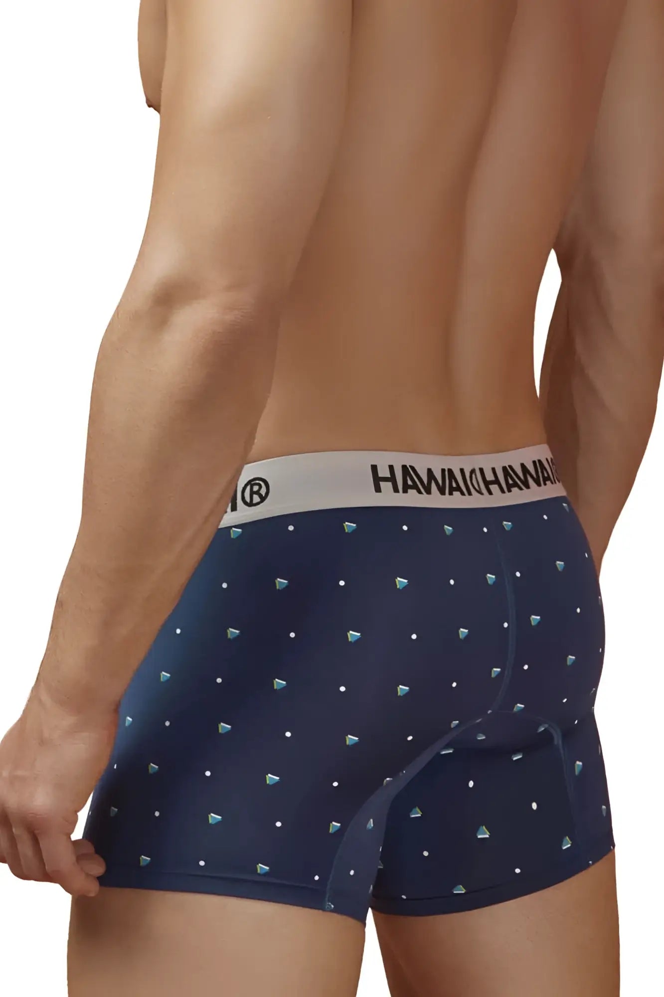 Navy blue microfiber boxer briefs with light teal diamond pattern and white waistband printed with hawaiian brand name