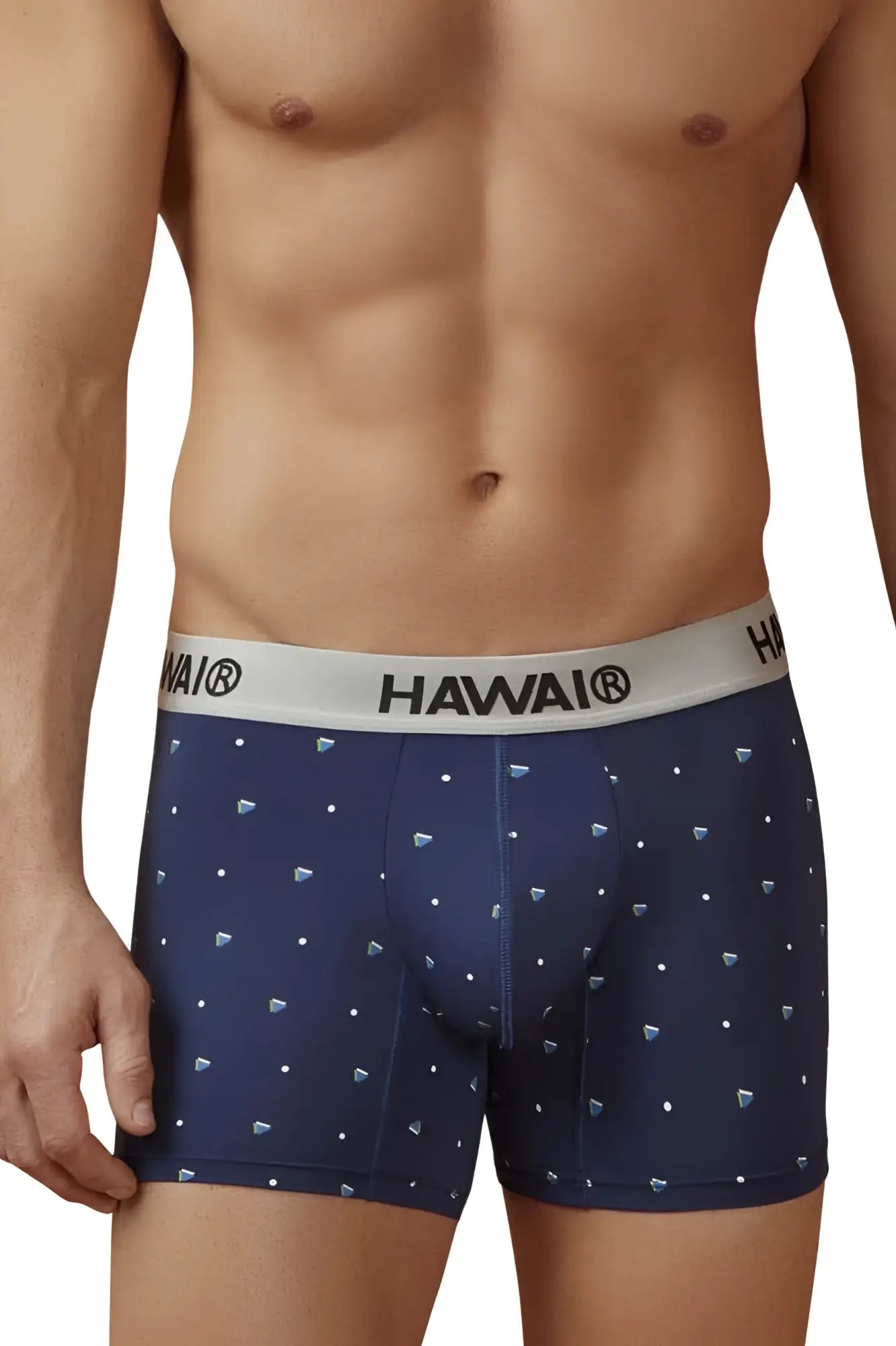 Navy blue hawai 42570 microfiber trunks with white waistband and diamond patterns for comfortable everyday wear