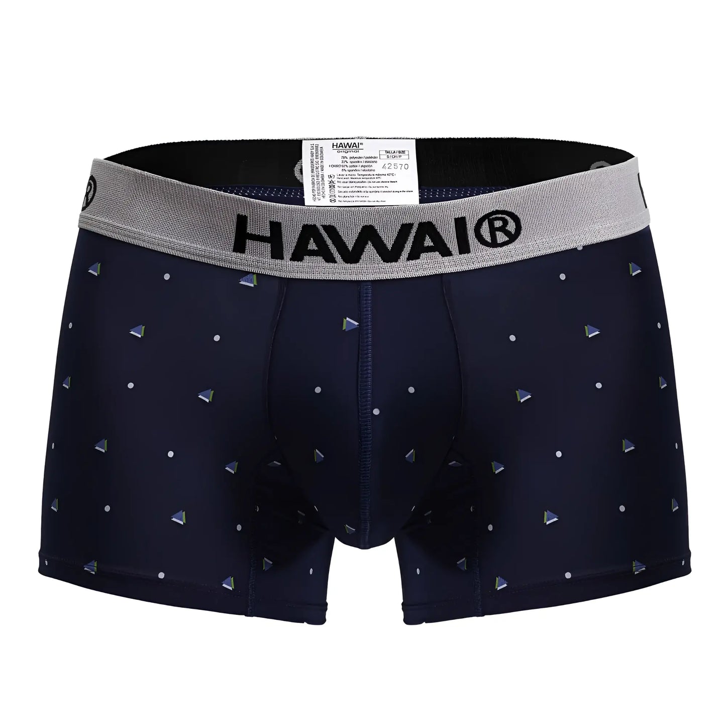 Navy blue hawaii 42570 microfiber trunks with gray waistband and silver triangular patterns showing front side view