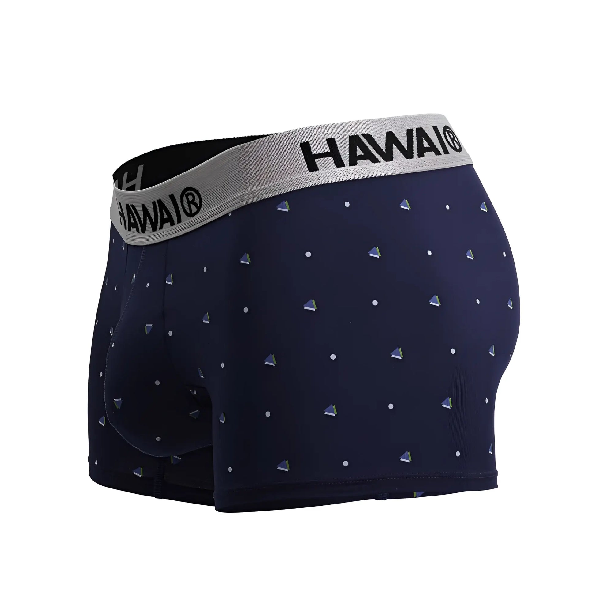 Navy blue hawai 42570 microfiber trunks with gray waistband and silver white triangular dot patterns for men