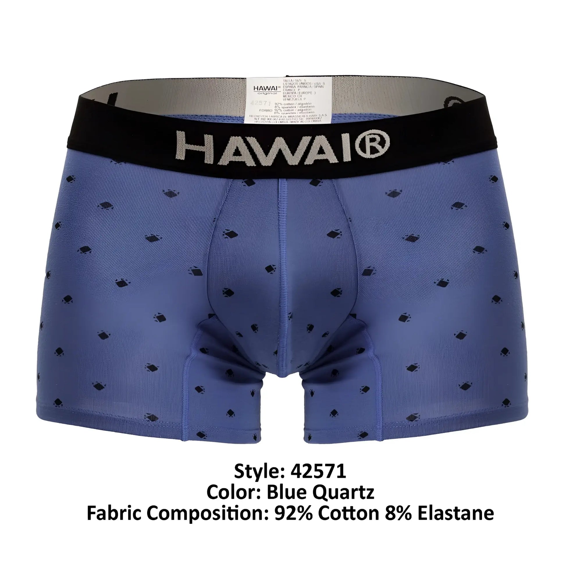 Blue quartz men’s boxer briefs with black waistband featuring hawai logo made from 92% cotton 8% elastane