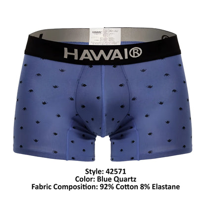 Blue quartz men’s boxer briefs with black waistband featuring hawai logo made from 92% cotton 8% elastane
