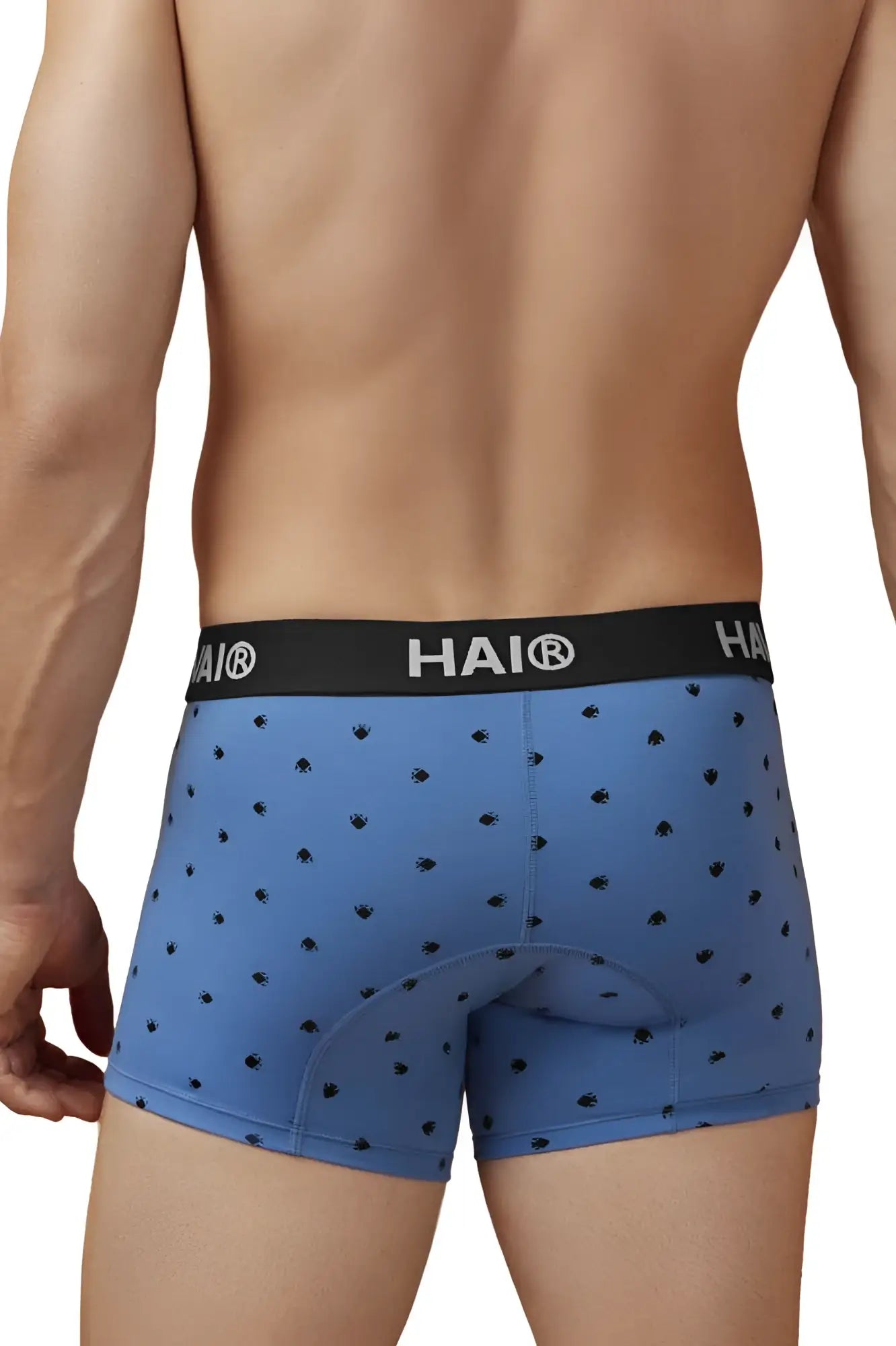 Blue hai boxer briefs in blue quartz cotton blend with black paw print pattern and padded rear section back view