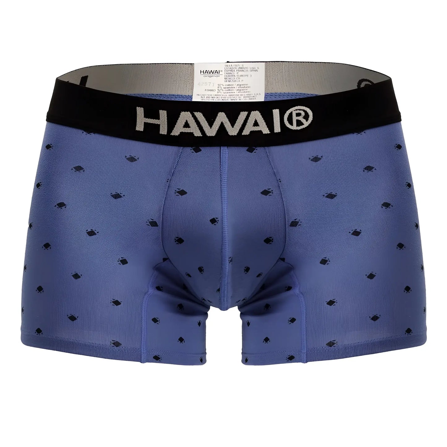 Blue hawaiian cotton blend boxer briefs with black elastic waistband and small black diamond patterns in blue quartz color