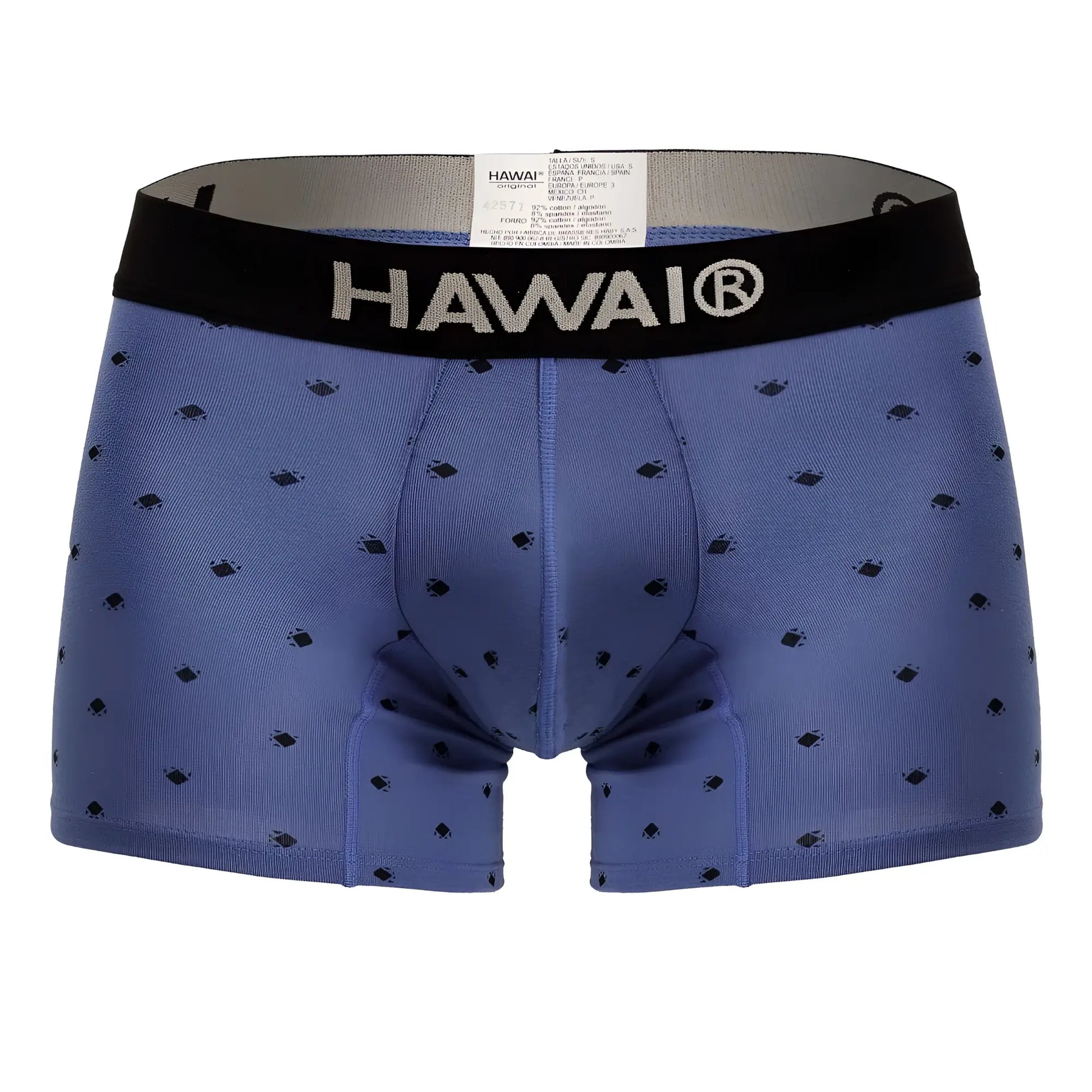 Blue hawaiian cotton blend boxer briefs with black elastic waistband and small black diamond patterns in blue quartz color