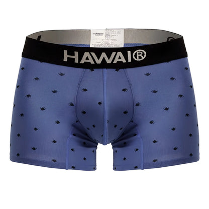 Blue hawaiian cotton blend boxer briefs with black elastic waistband and small black diamond patterns in blue quartz color