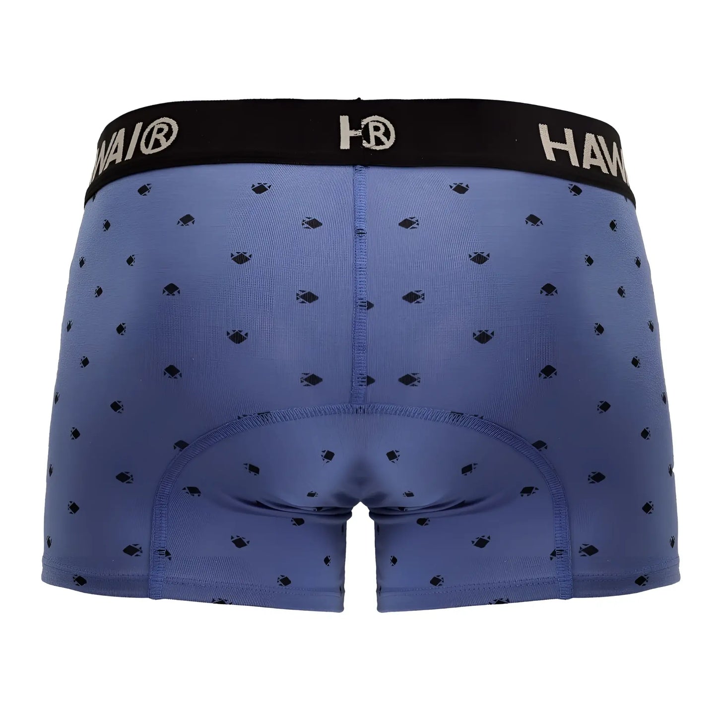 Blue quartz cotton blend men’s boxer briefs with black hawai waistband and dark fish pattern scattered on fabric