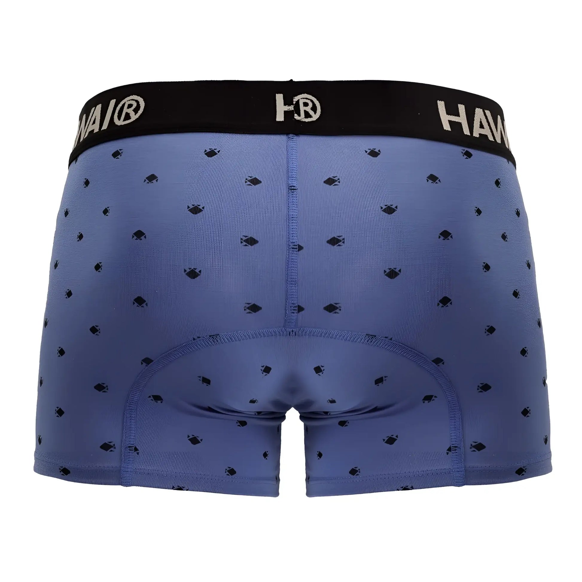 Blue quartz cotton blend men’s boxer briefs with black hawai waistband and dark fish pattern scattered on fabric
