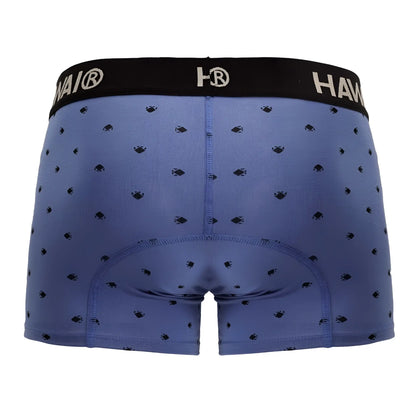 Blue quartz cotton blend men’s boxer briefs with black hawai waistband and dark fish pattern scattered on fabric