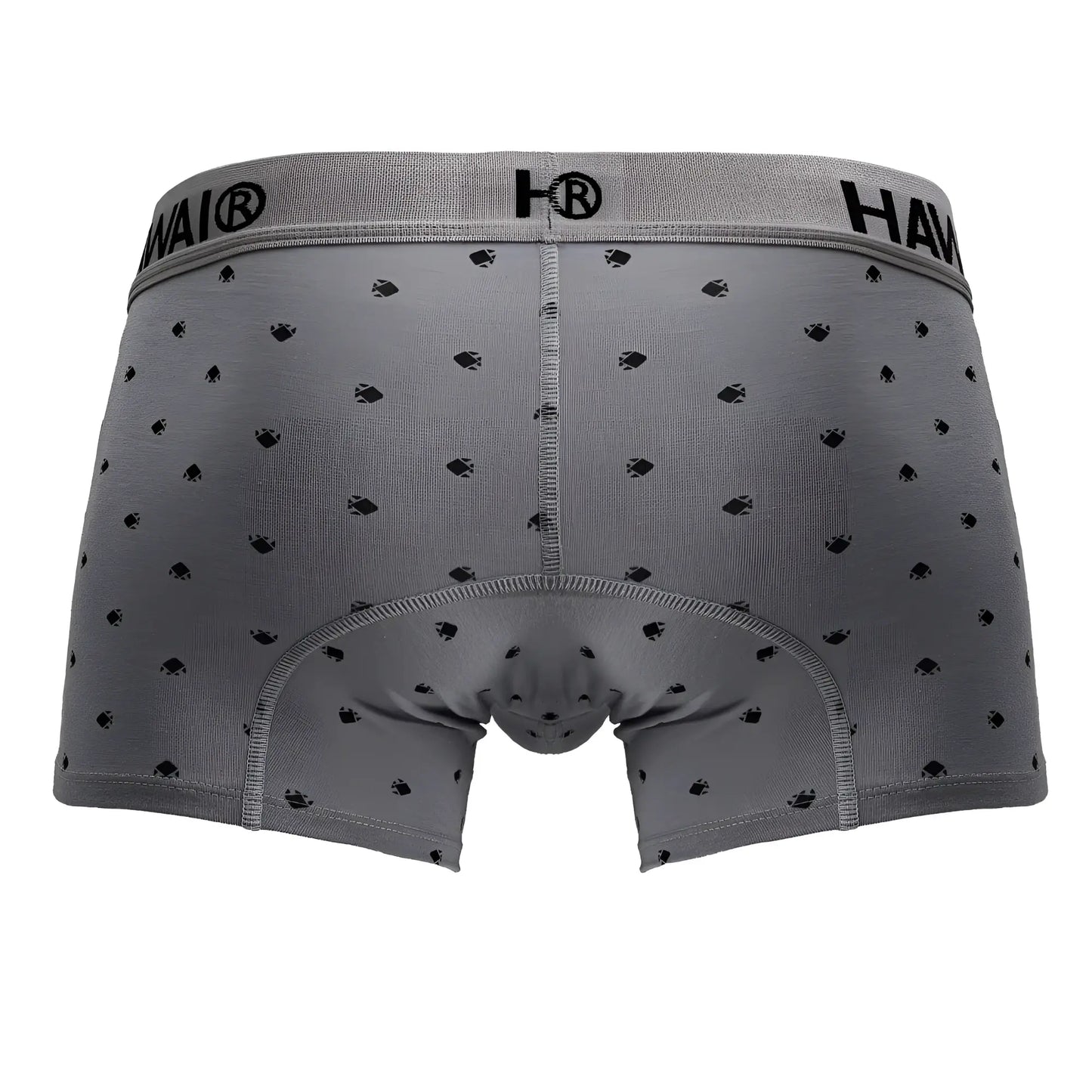 Gray cotton blend boxer briefs with black fish pattern and elastic waistband featuring hawai brand logo