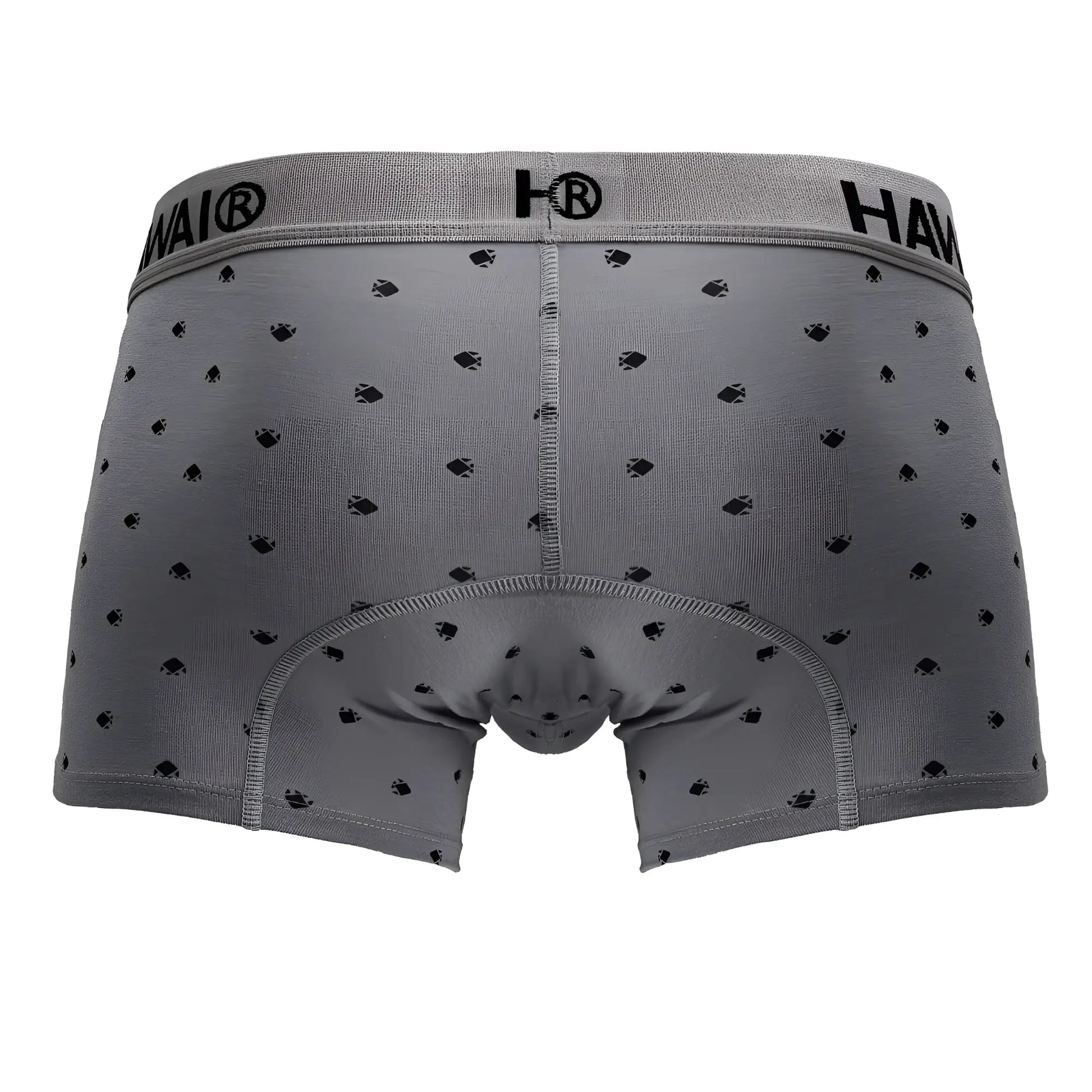 Gray cotton blend boxer briefs with black fish pattern and elastic waistband featuring hawai brand logo