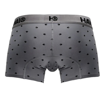 Gray cotton blend boxer briefs with black fish pattern and elastic waistband featuring hawai brand logo