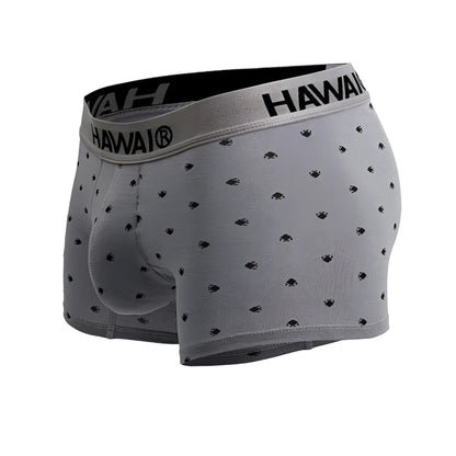 Gray hawai 42571 cotton blend boxer briefs with black fish pattern and branded elastic waistband