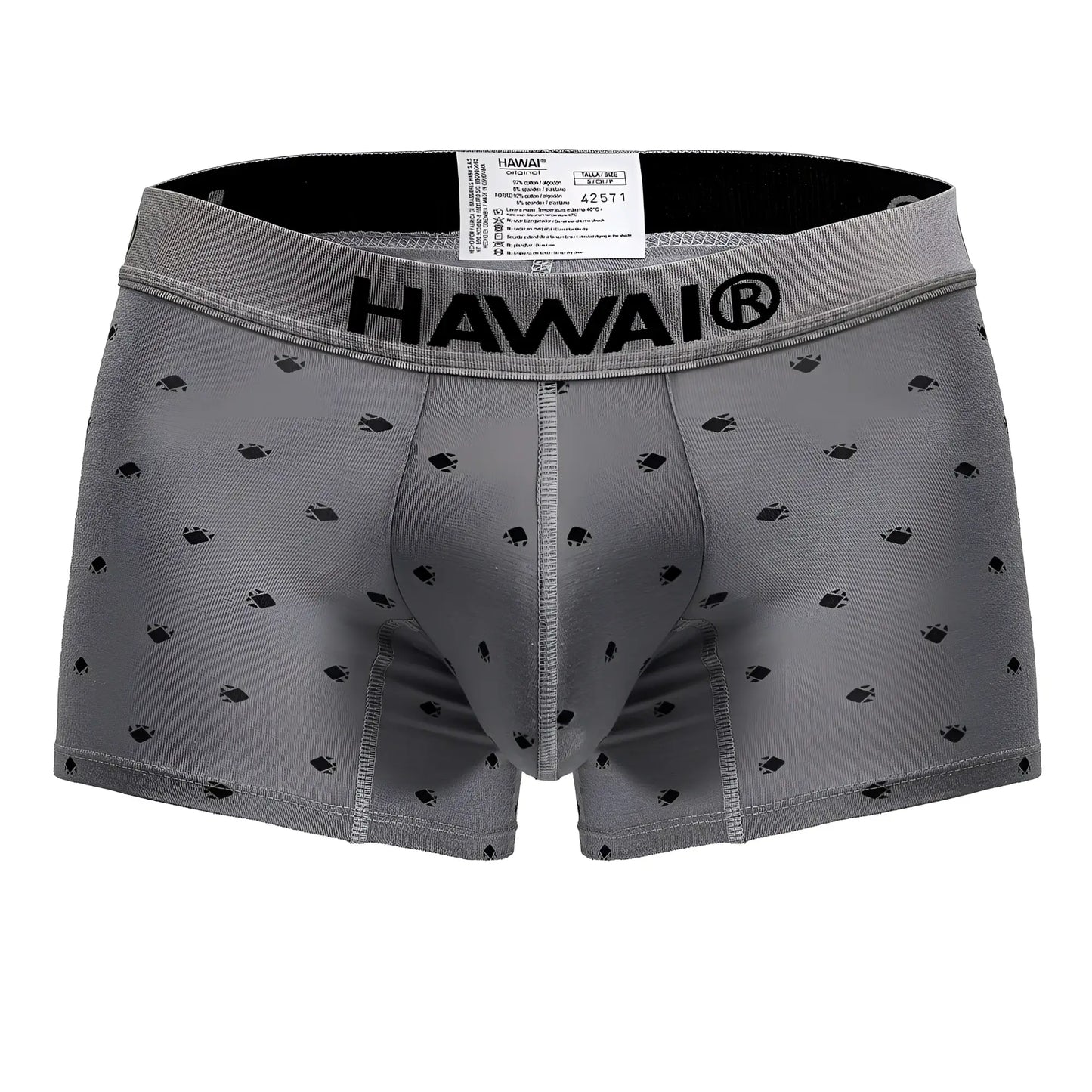 Gray hawaii brand men’s cotton blend boxer briefs with subtle black fish pattern and reinforced stitching
