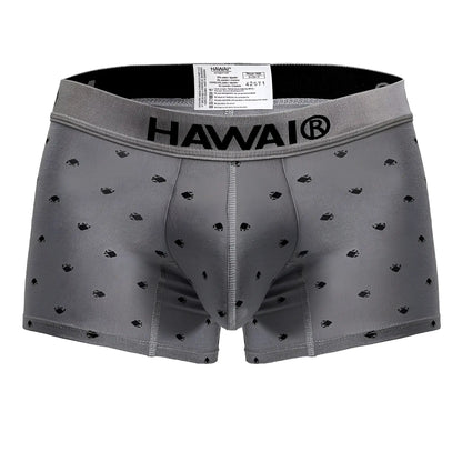 Gray hawaii brand men’s cotton blend boxer briefs with subtle black fish pattern and reinforced stitching