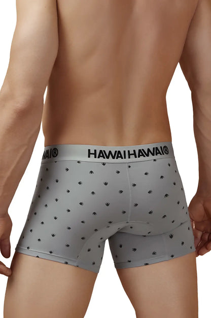 Gray cotton blend men’s boxer briefs with black palm tree pattern and hawaii hawai branding on the waistband