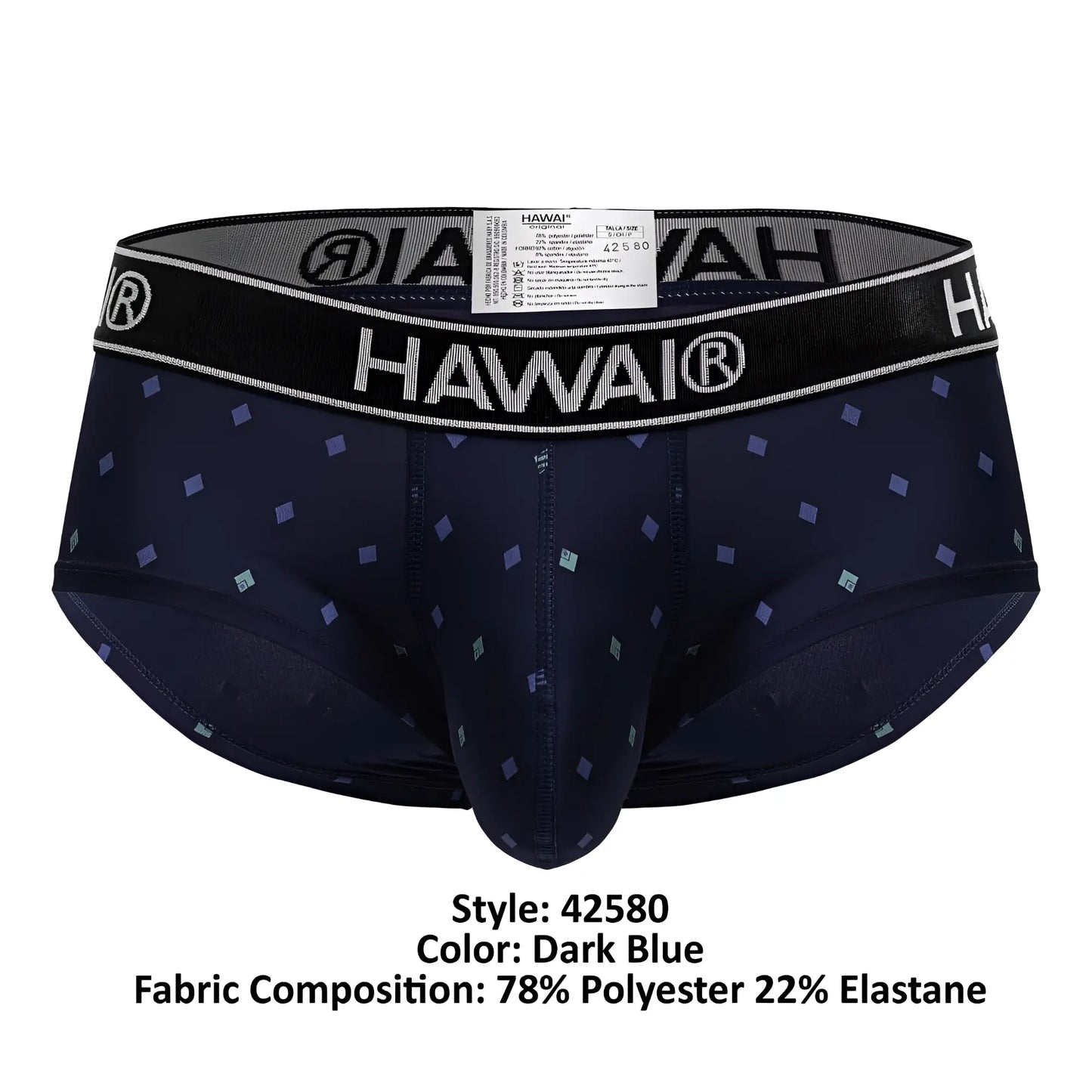 Dark blue hawai 42580 microfiber men’s briefs with subtle geometric pattern and black elastic waistband with brand logo