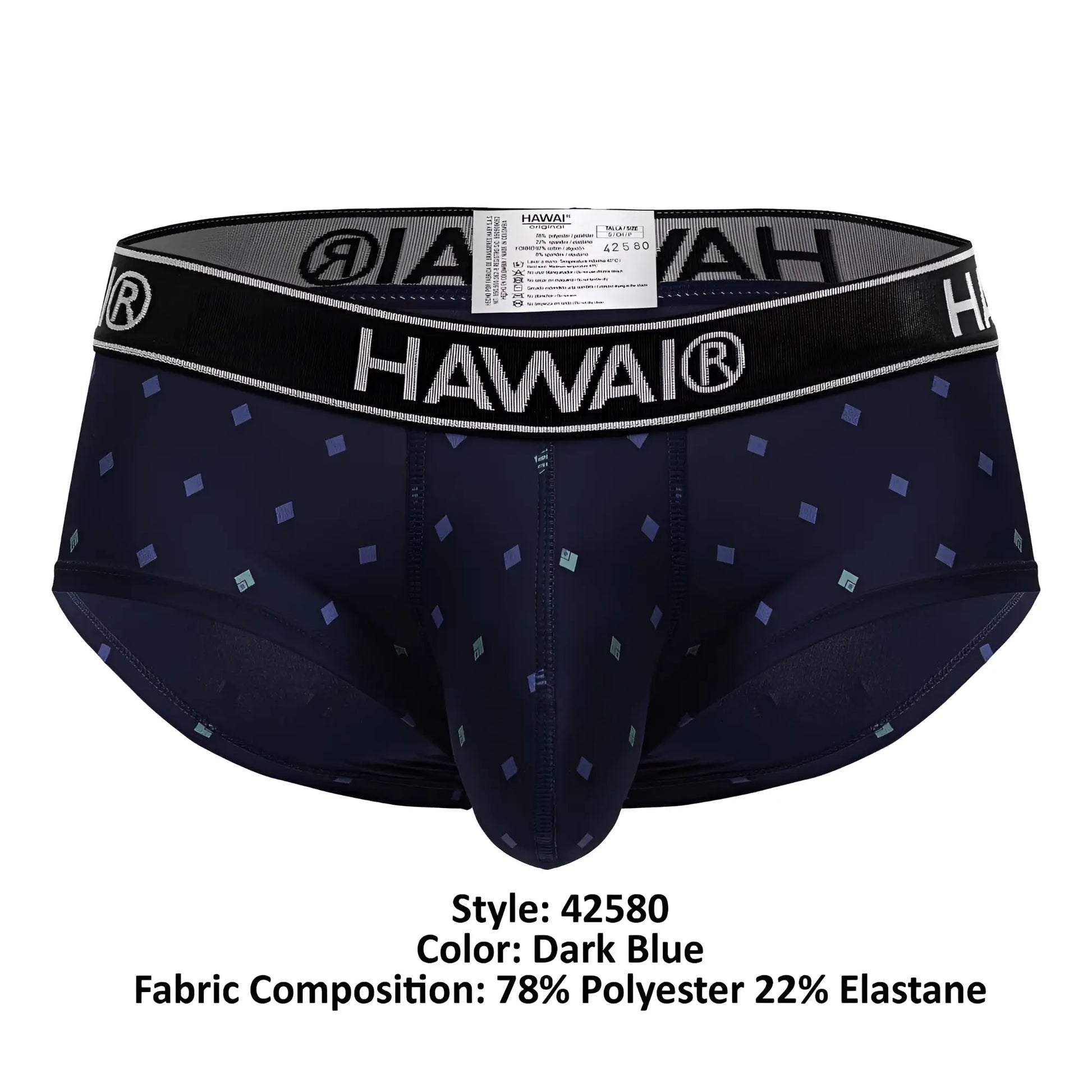 Dark blue hawai 42580 microfiber men’s briefs with subtle geometric pattern and black elastic waistband with brand logo