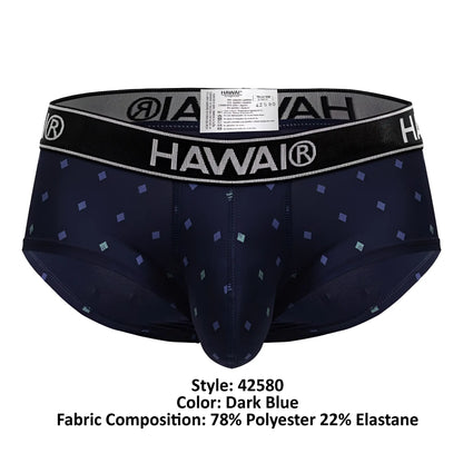Dark blue hawai 42580 microfiber men’s briefs with subtle geometric pattern and black elastic waistband with brand logo