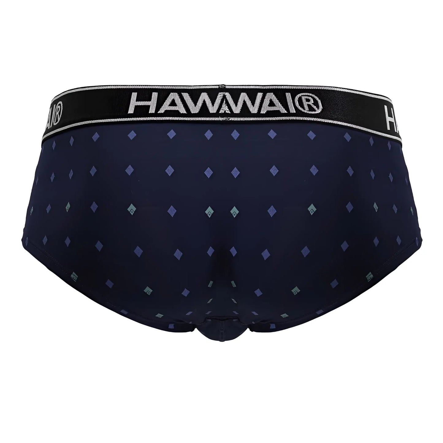 Dark navy blue hawaiian microfiber men’s briefs with purple teal diamond pattern and black waistband with hawaii branding