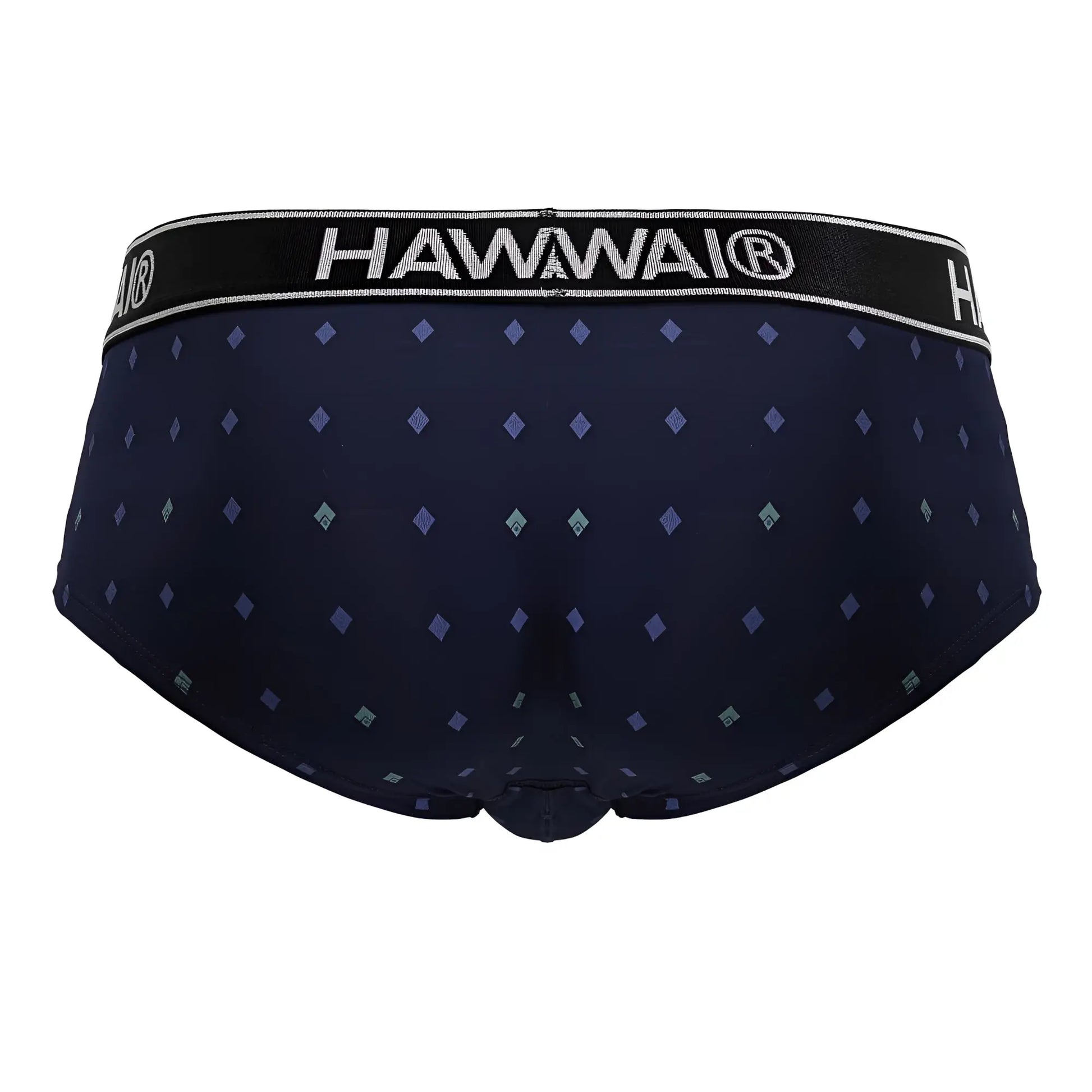 Dark navy blue hawaiian microfiber men’s briefs with purple teal diamond pattern and black waistband with hawaii branding