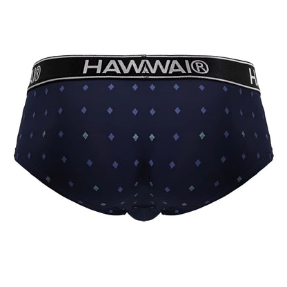 Dark navy blue hawaiian microfiber men’s briefs with purple teal diamond pattern and black waistband with hawaii branding