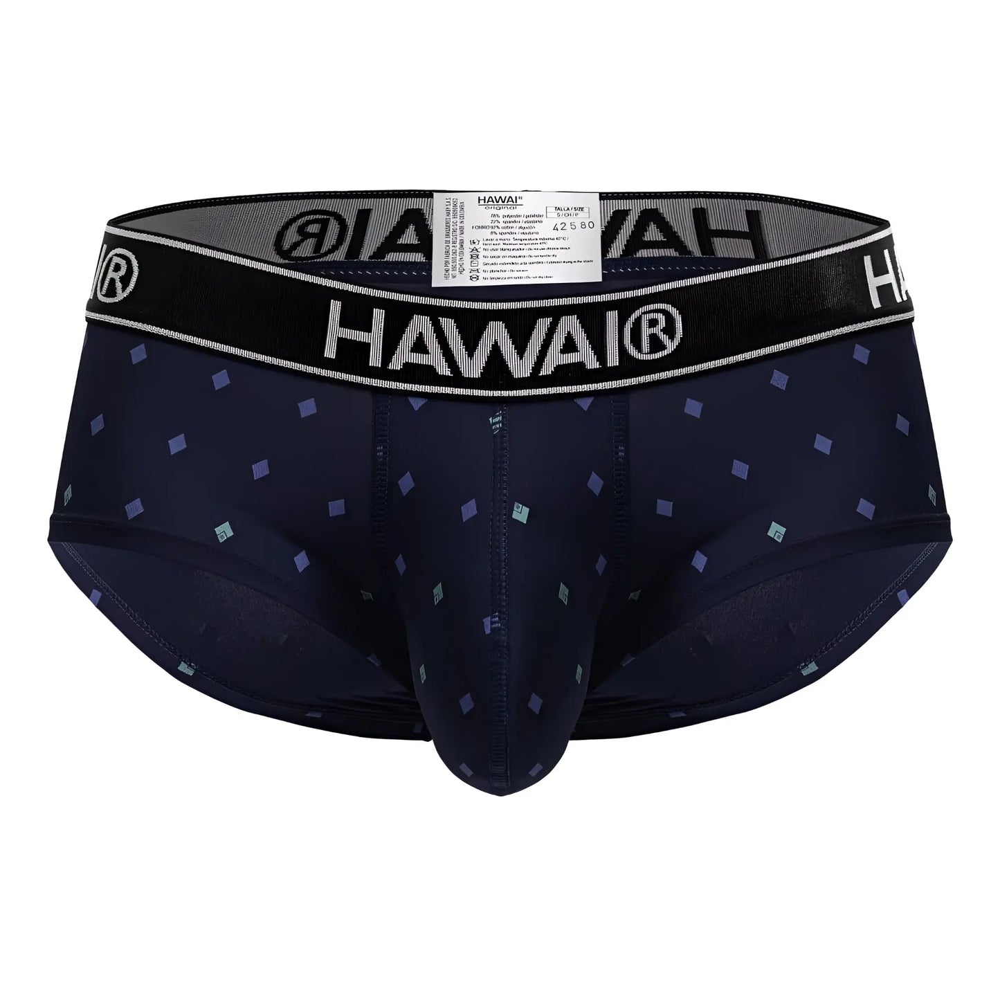 Dark navy blue hawai 42580 microfiber men’s briefs with subtle light purple and teal diamond pattern
