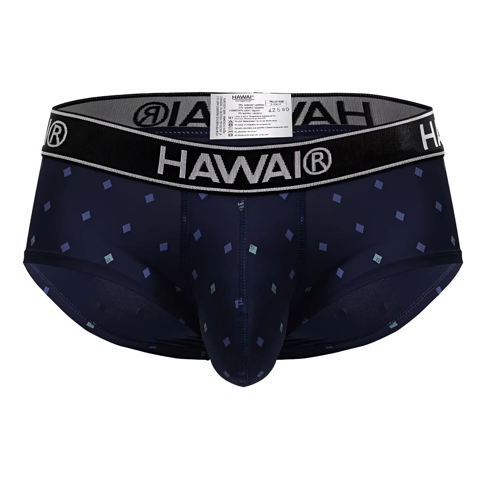 Dark navy blue hawai 42580 microfiber men’s briefs with subtle light purple and teal diamond pattern