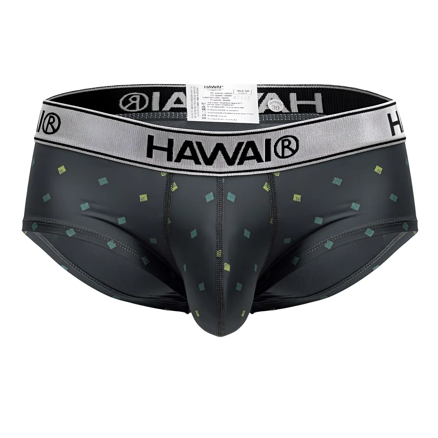 Black hawai 42580 microfiber men’s briefs in gray with subtle green and yellow square pattern and gray waistband with black branding