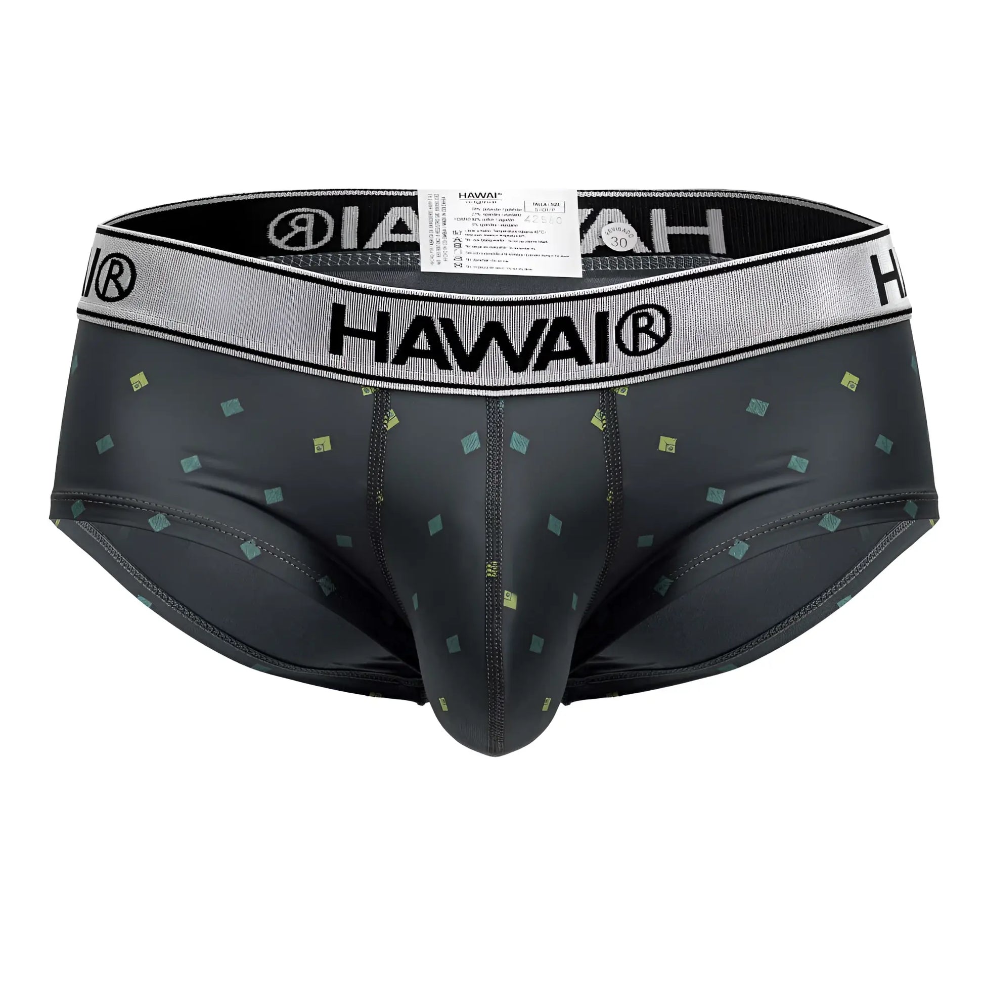 Black hawai 42580 microfiber men’s briefs in gray with subtle green and yellow square pattern and gray waistband with black branding