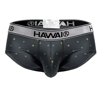 Black hawai 42580 microfiber men’s briefs in gray with subtle green and yellow square pattern and gray waistband with black branding