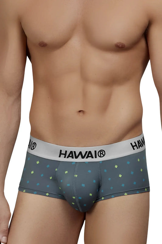 Gray Hawai 42580 microfiber boxer briefs with a subtle pattern of light blue and yellow squares