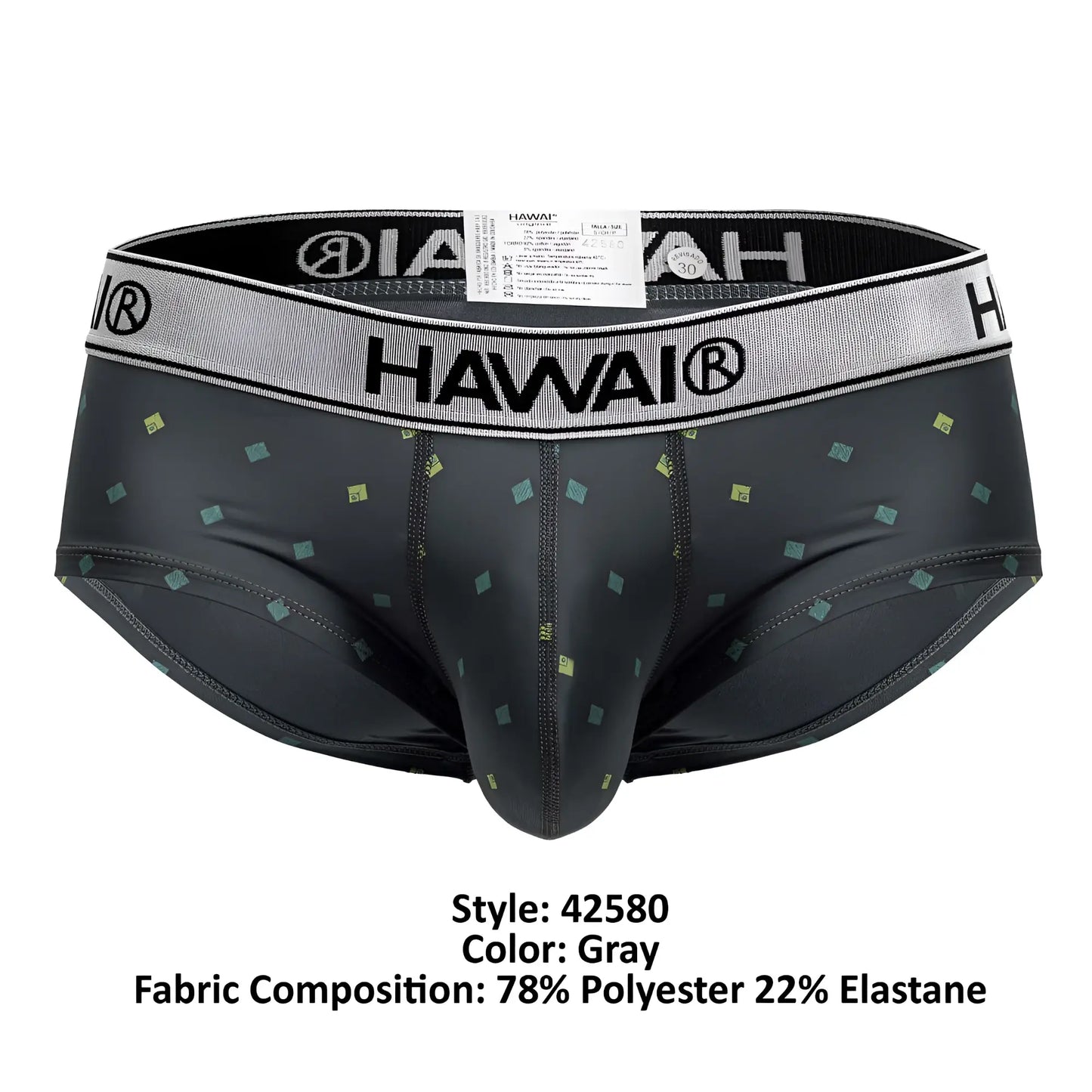 Gray hawai 42580 microfiber men’s briefs with subtle green and yellow square pattern on gray fabric