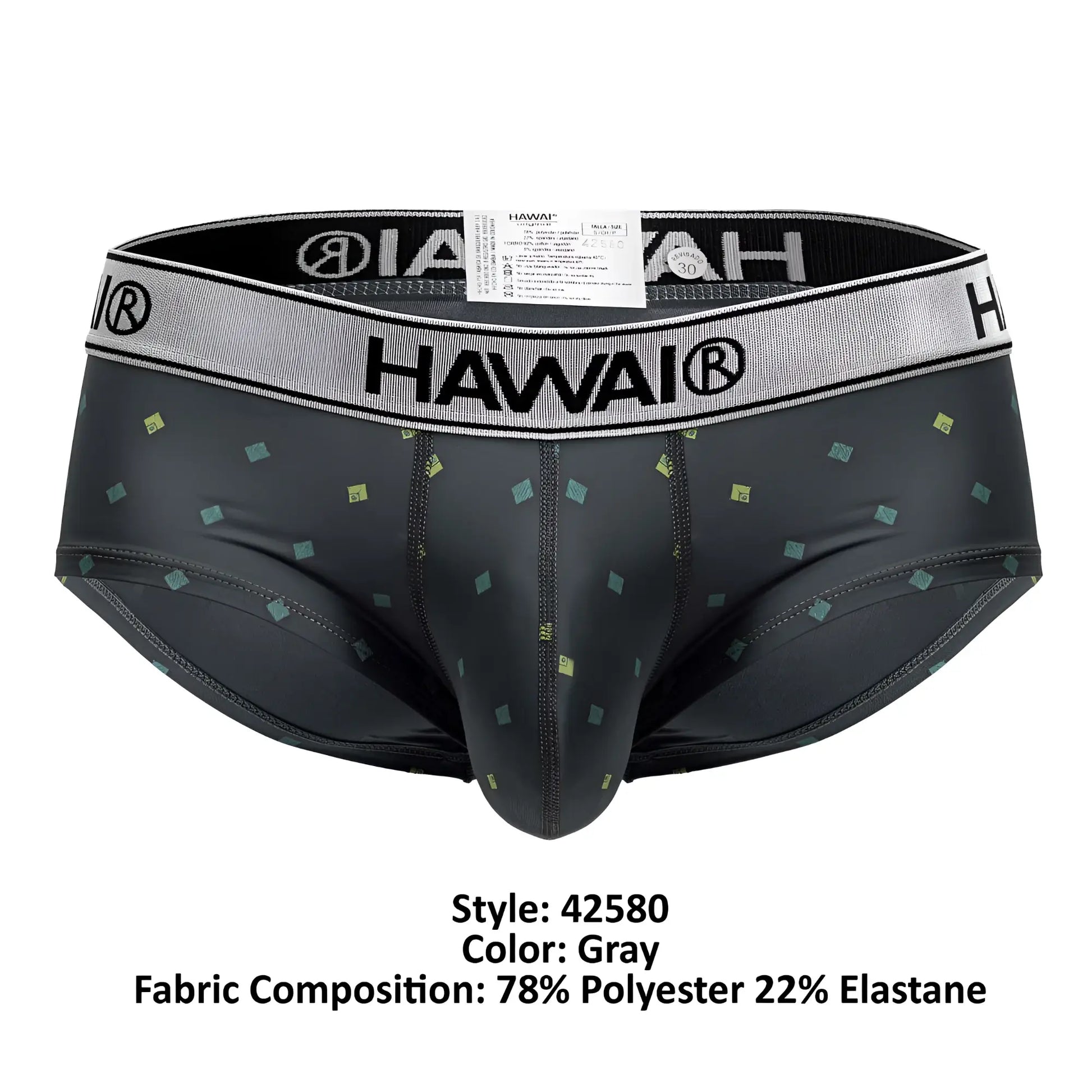 Gray hawai 42580 microfiber men’s briefs with subtle green and yellow square pattern on gray fabric