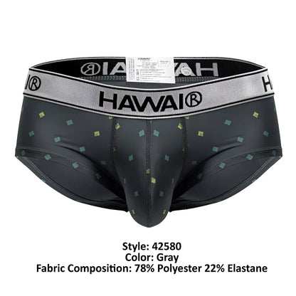 Gray hawai 42580 microfiber men’s briefs with subtle green and yellow square pattern on gray fabric
