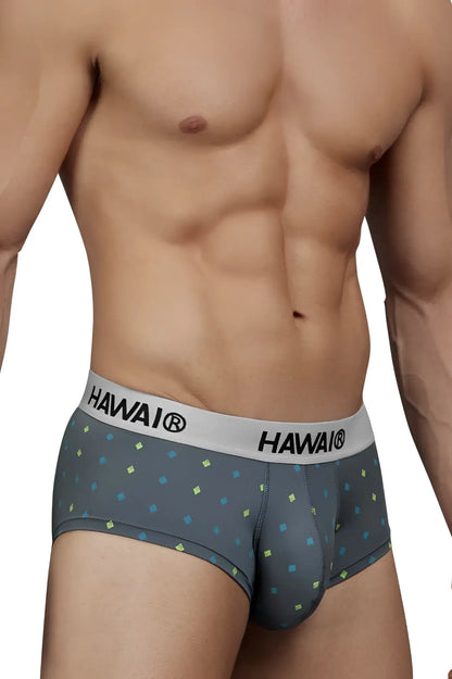 Gray hawai 42580 microfiber briefs men’s underwear with a subtle pattern of small blue and yellow squares