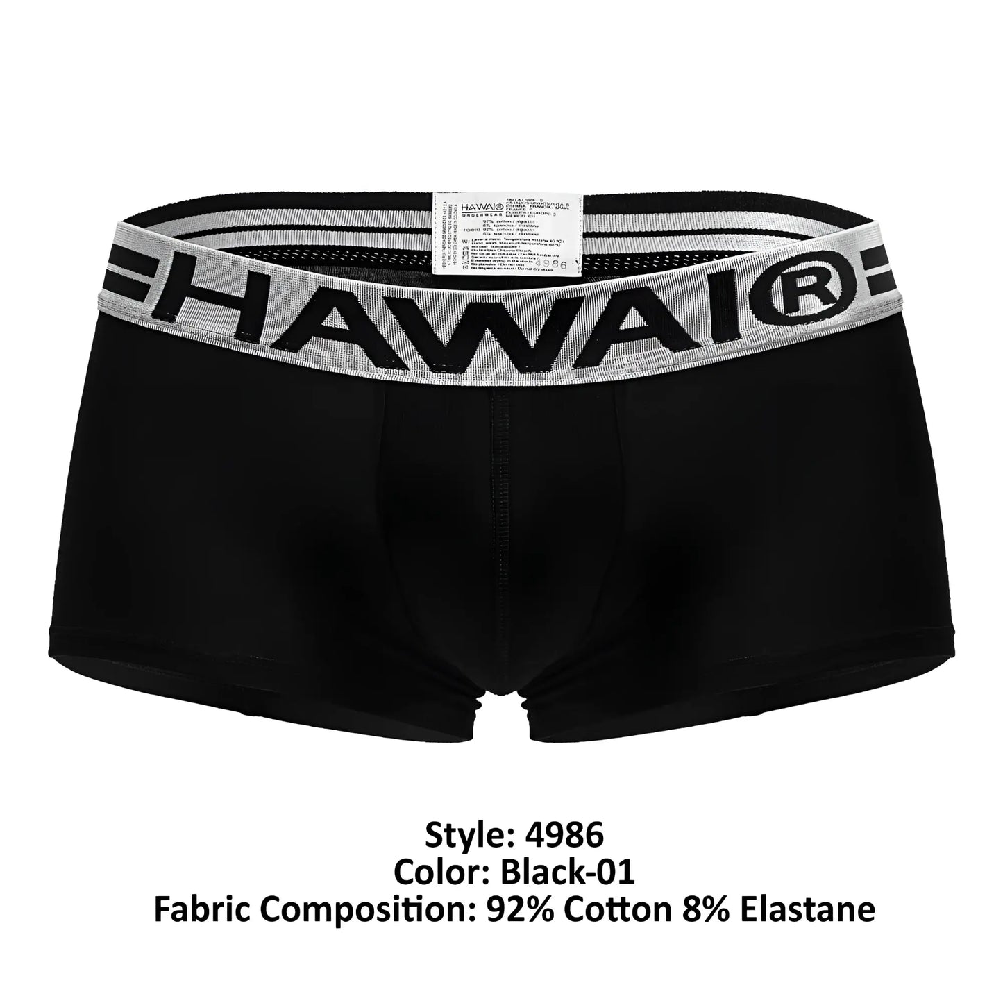 Black hawaï 4986 cotton blend boxer briefs in black with gray waistband featuring bold black hawaï lettering