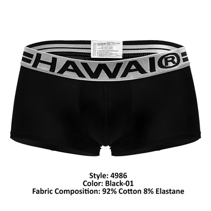Black hawaï 4986 cotton blend boxer briefs in black with gray waistband featuring bold black hawaï lettering
