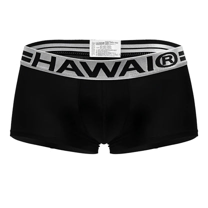 Black hawai briefs trunks in black cotton blend with gray waistband featuring bold black lettering for everyday comfort