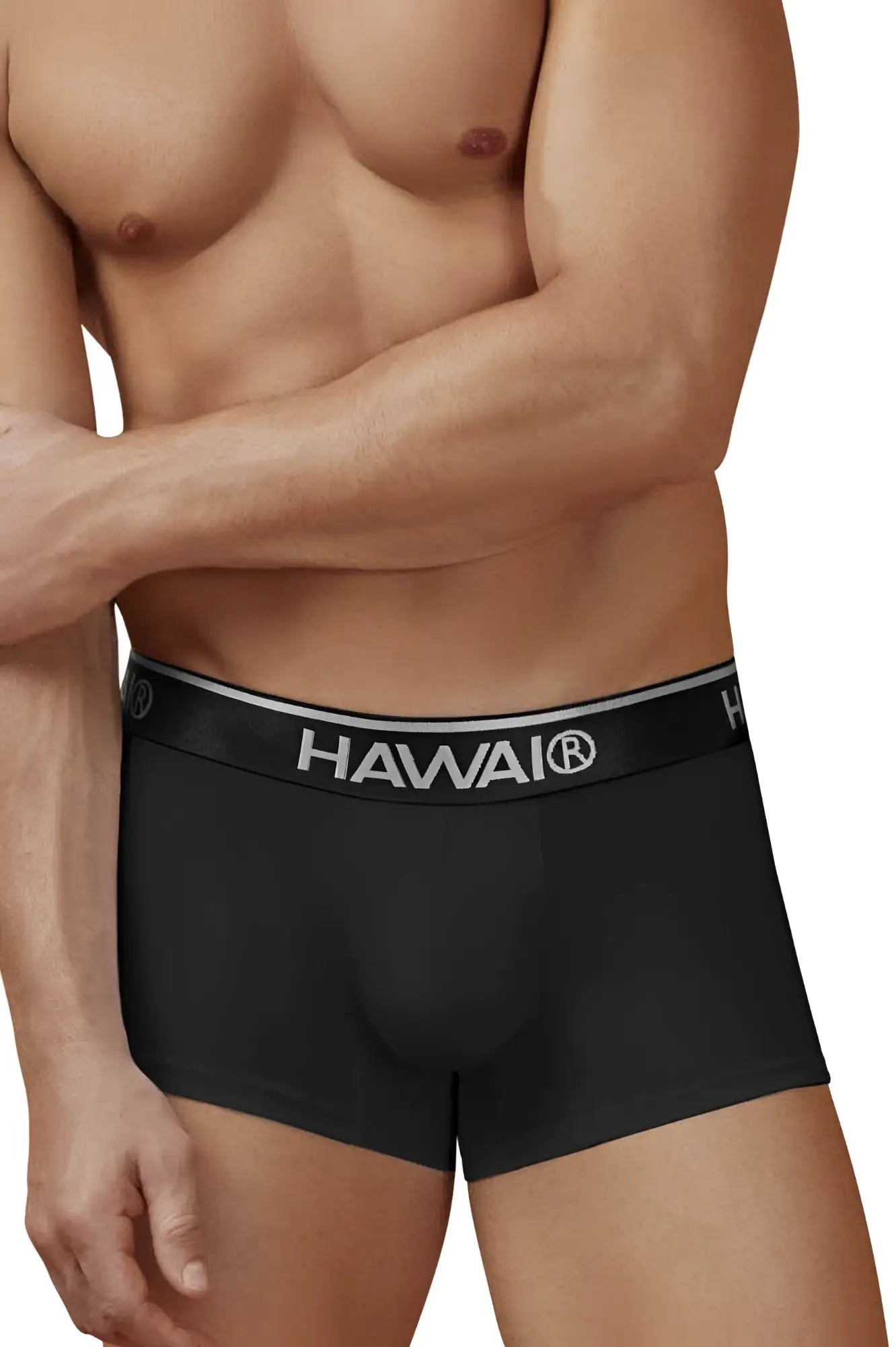 Black Hawai men’s cotton blend briefs in black with a sleek elastic waistband featuring silver lettering and trim